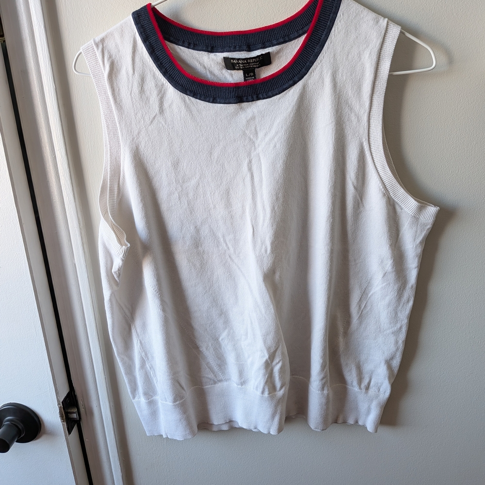 Banana Republic White Top with Navy and Red Trim